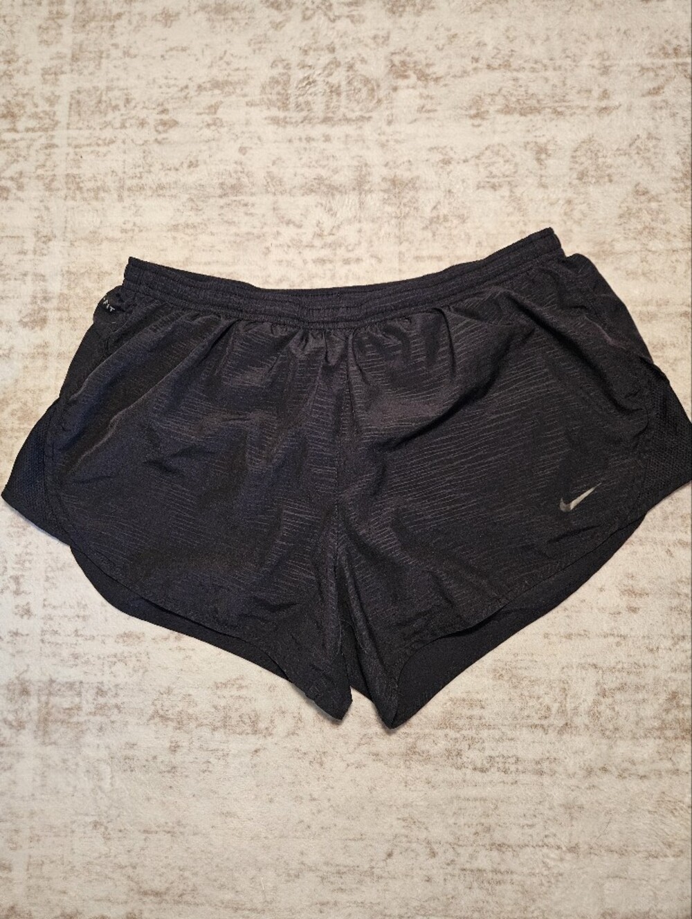 Nike Women's Dri Fit Black Athletic Running Shorts with Silver Swoosh